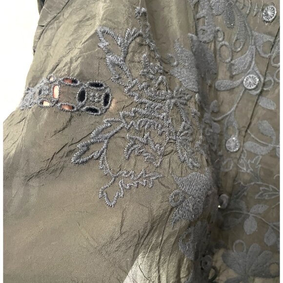 Johnny Was Black Embroidered Button-Front Blouse Roll Tab Sleeve Waist Tie Small - Picture 10 of 11